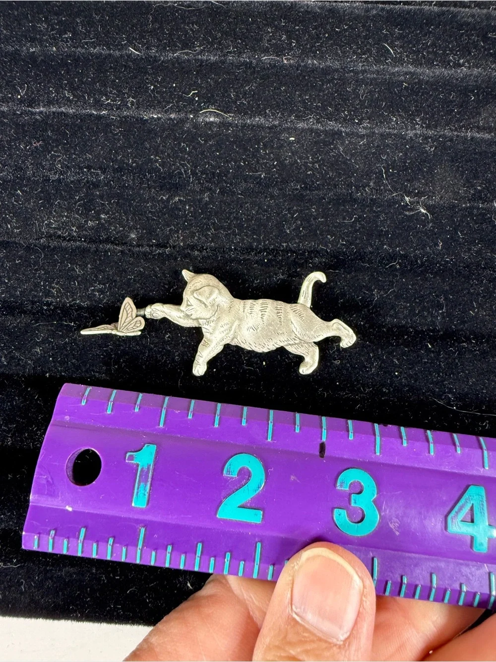 Silver Cat Playing with Butterfly Brooch